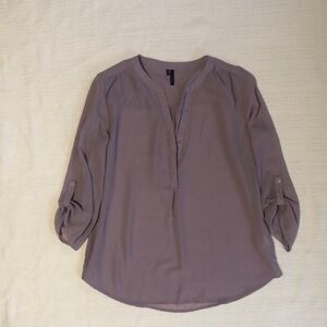 Maurices Purple Gray Blouse with Cuffed Sleeves and Mandarin Collar